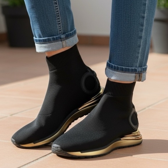 Salvatore Ferragamo Gancini Black Gold Sock Sneakers 8 Shoes Holiday Gift Ready - Picture 2 of 8
